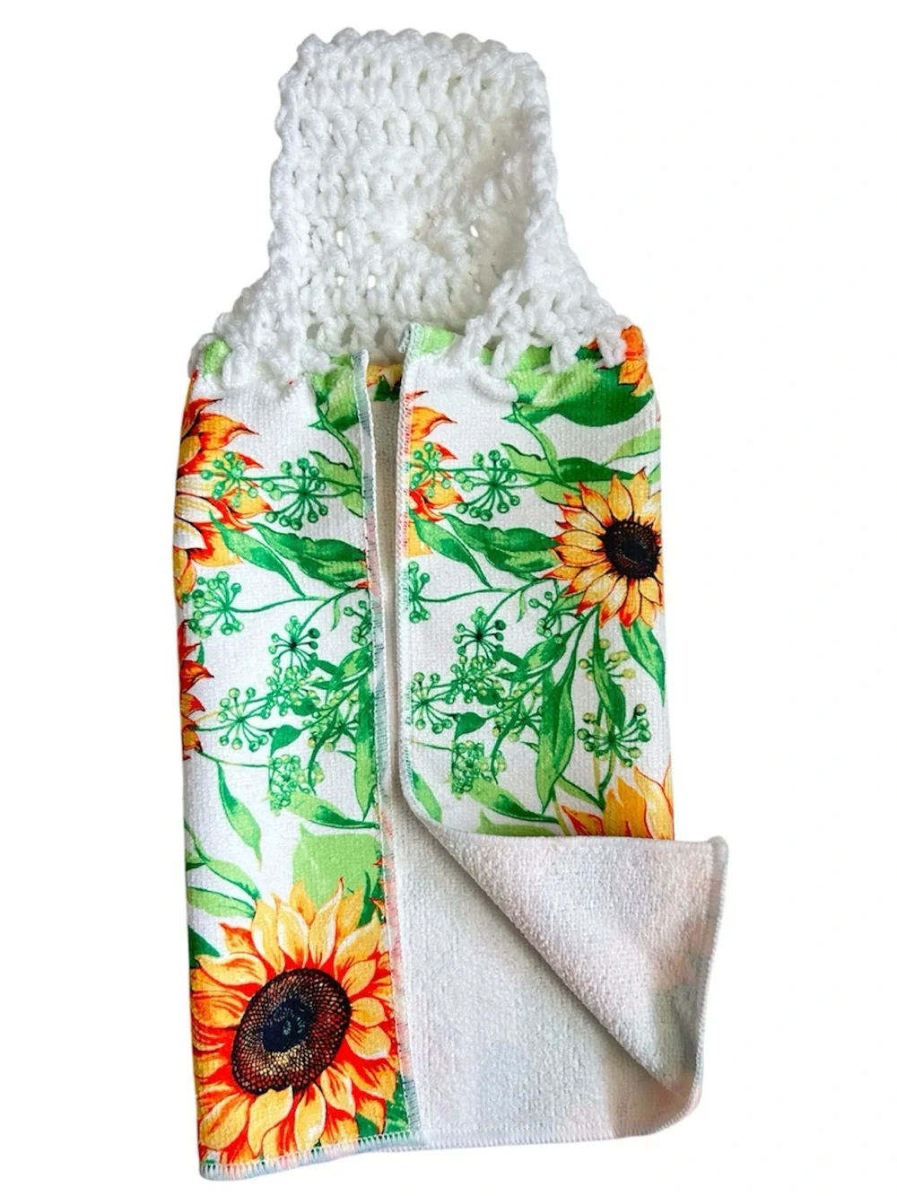 Hand Crafted Sunflower Hanging Kitchen Hand Towel - White, Yellow, Green